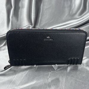 J. Estina Zip Aound Wallet Black Rainbow Accordion 12 Card Slots Pebbled Leather